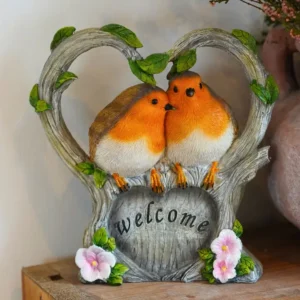 Welcome robins resin garden statue with birds perched on welcome sign outdoor garden decoration ornament for home entrance and patio