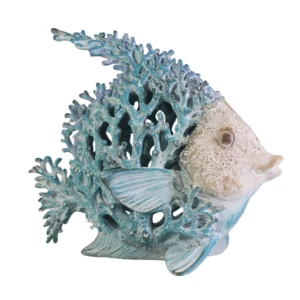Blue coral angelfish figurine with intricate turquoise reef-like coral structure surrounding a textured, pale-toned fish body, designed as a decorative ocean-inspired sculpture.