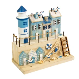 Harbour scene ornament with lighthouse and colourful beach huts, detailed coastal village decoration, 19cm seaside home decor display piece