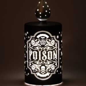 Alchemy Gothic Poison Flame LED lamp designed as a decorative poison bottle with flickering flame-effect lighting, ideal for gothic and alternative home decor