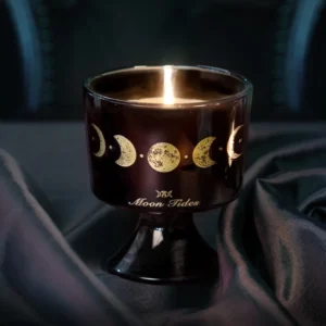 Black Cedar Moon Tides soy wax candle in a black glass goblet holder, featuring a dark elegant design for ambient lighting and decorative home fragrance use.