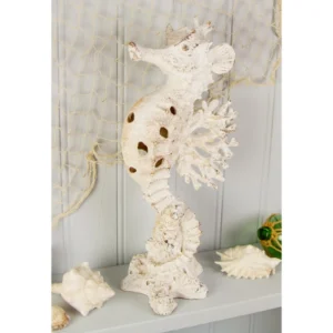 40cm coral seahorse coastal ornament made from resin, featuring intricate lace-like coral branch details and hand-painted finish inspired by underwater reef life.