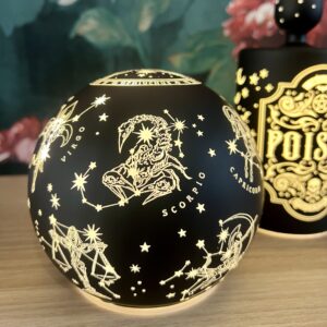 Gothic Astrology Globe LED lamp made from etched glass featuring zodiac and celestial symbols, battery-operated decorative light with soft ambient glow.