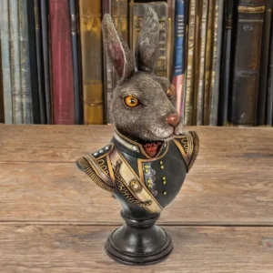 Shop the Large Gentry Rabbit Bust on Round Base, a vintage military-style decorative rabbit sculpture with intricate detailing. Perfect statement piece for home and office decor.