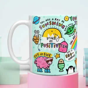 Colourful “Mug of Positivitea” affirmation mug featuring cute animal doodles, a smiling sun, pastel accents, and uplifting positive messages for tea and coffee.