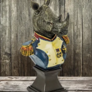 Small Gentry Rhino Bust on square base featuring a decorative rhinoceros in regal military attire with gold accents and red epaulettes for stylish home decor.