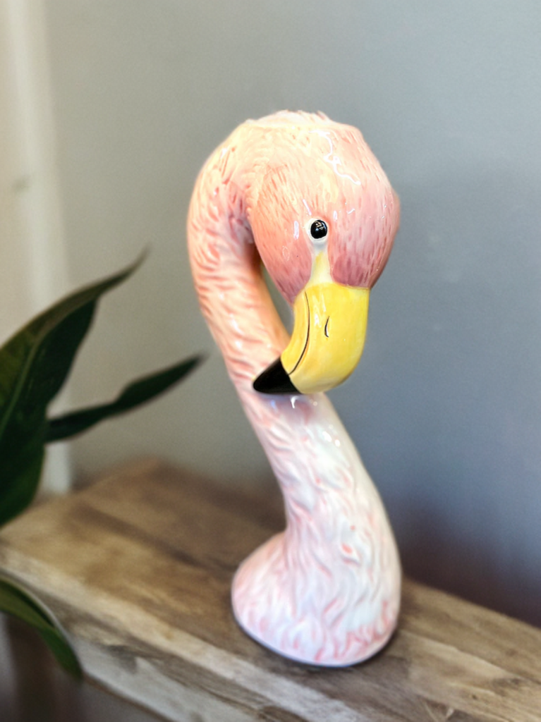 Pink ceramic flamingo vase with textured feather detail for tropical home decor