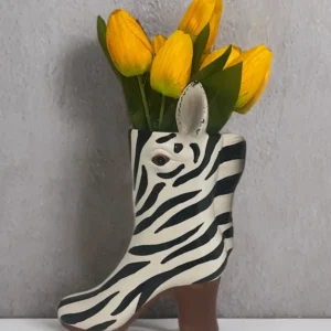Zebra head heeled ceramic boot vase with decorative animal print design for flowers