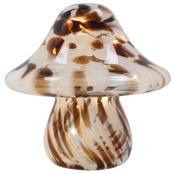 Handblown brown glass toadstool LED lamp with warm ambient lighting