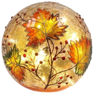 Crackle glass LED light ball with autumn leaves design