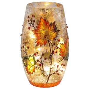 Crackle glass LED vase with autumn leaves design and warm ambient lighting