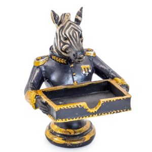 Decorative zebra figurine in a black and gold military-style uniform holding a rectangular tray for business cards, sweets, keys, or small accessories.