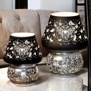 Alchemy England LED Luna Moth lamp featuring etched glass with celestial moth design, battery-powered lighting, and gothic-inspired decorative home decor styling.