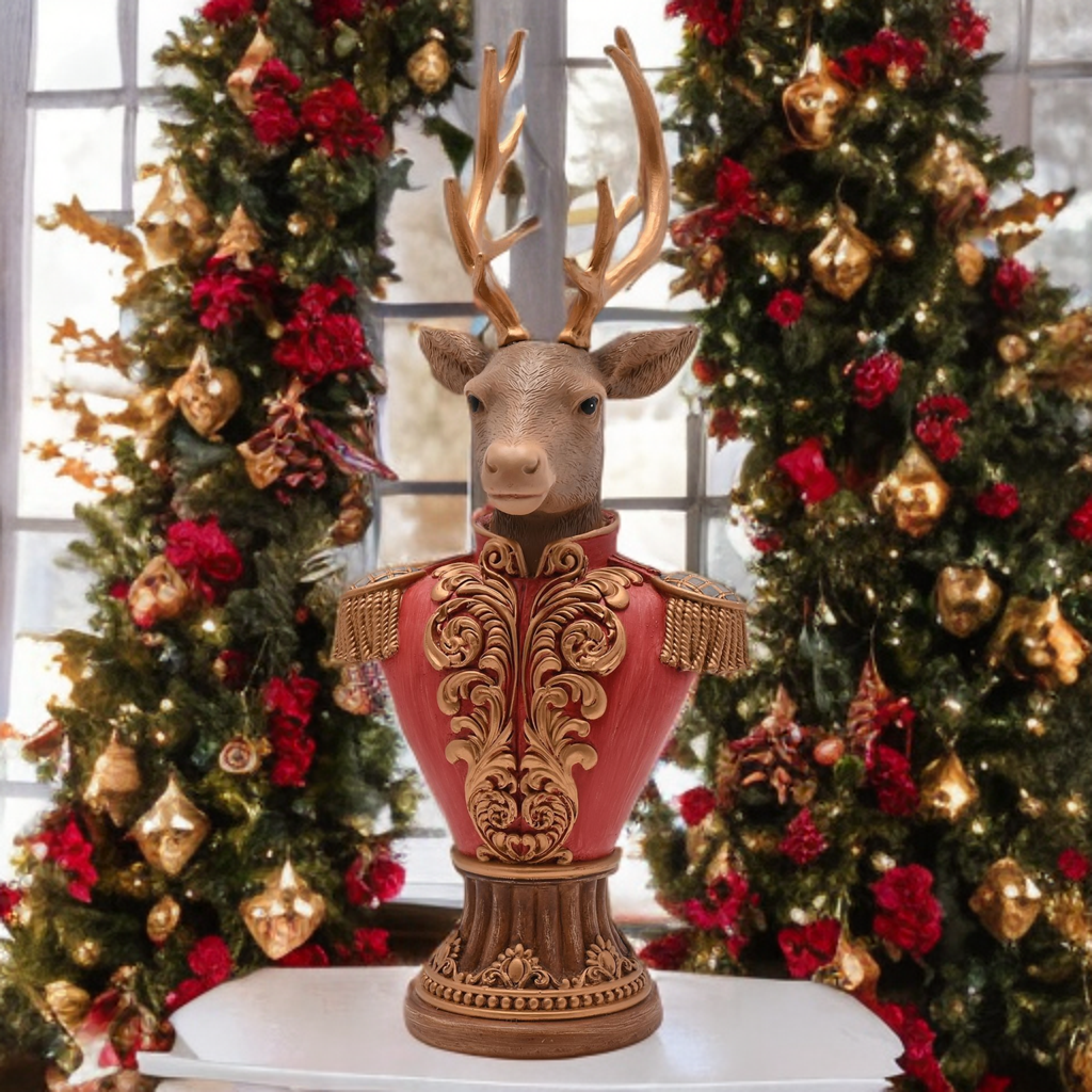 Luxury Christmas reindeer bust ornament with gold antlers and ornate red and gold decorative jacket.
