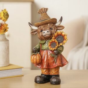 Country Living Highland Cow with Sunflowers resin ornament featuring a Highland cow surrounded by sunflowers, perfect for autumn, harvest and rustic farmhouse home decor.