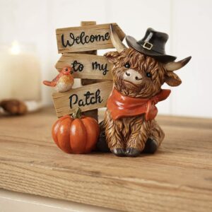 Country Living Welcome to My Patch Highland Cow resin ornament with autumn harvest details, perfect for rustic farmhouse and seasonal home decor.