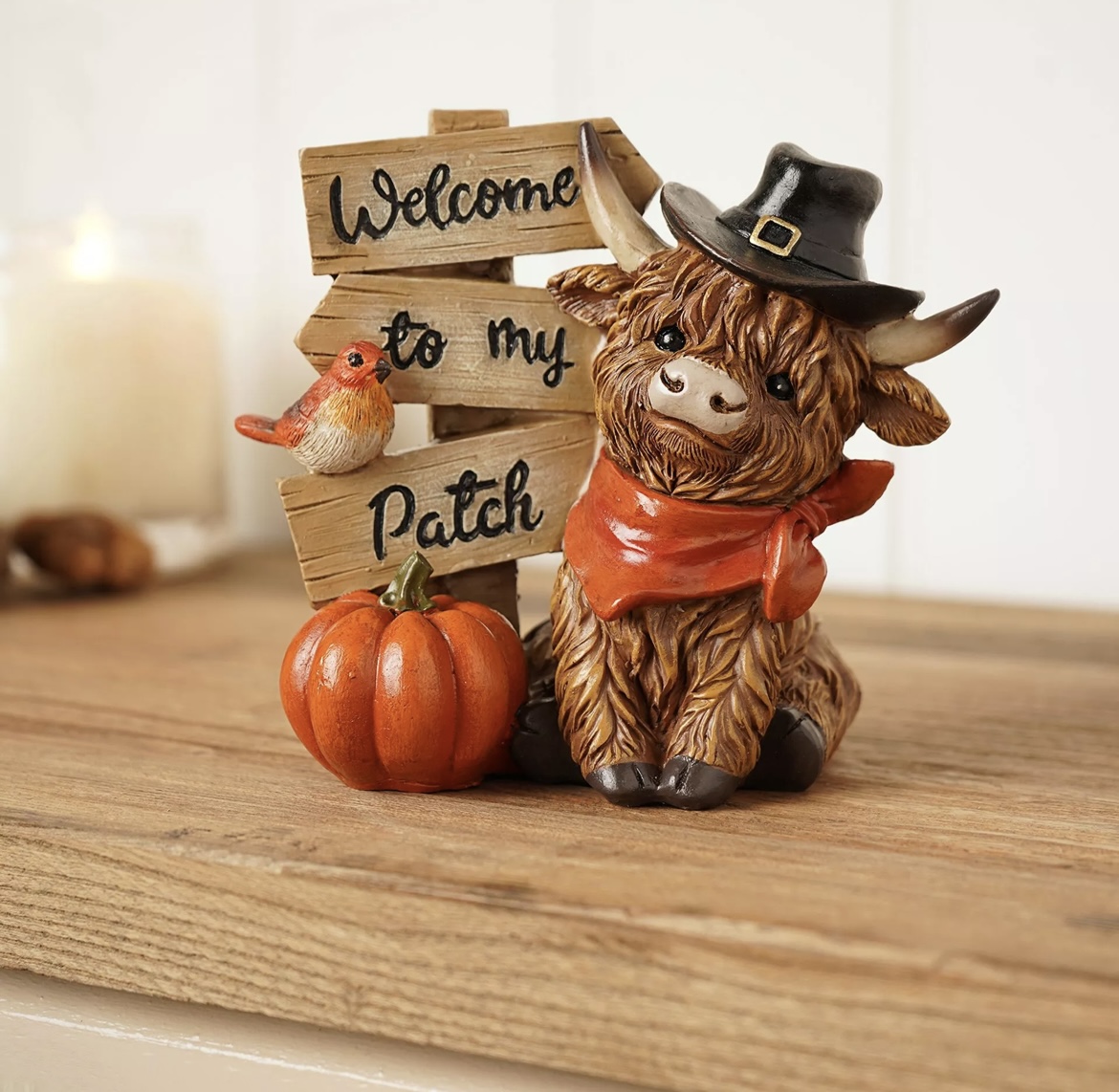 Country Living Welcome to My Patch Highland Cow resin ornament with autumn harvest details, perfect for rustic farmhouse and seasonal home decor.