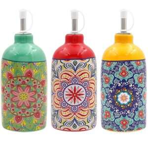 Tuscany Mandala ceramic oil bottle with decorative mandala pattern, available in teal, red, and yellow for storing olive oil or vinegar.