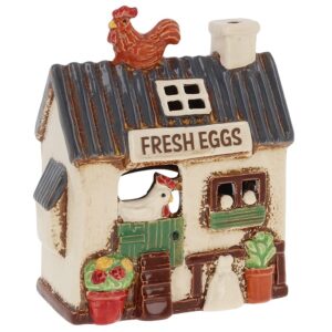 Village Pottery ceramic chicken coop tealight holder with rooster on the roof, hen at the door, fresh eggs sign, and rustic farmhouse details.