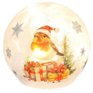 Frosty Xmas LED Robin Ball Large glass Christmas light with robin on presents and snowflakes
