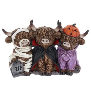 Halloween Highland Cow Spooky Trio ornament with vampire, mummy and pumpkin costumes