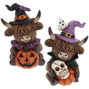 Halloween Highland Cow ornament with pumpkins and skulls