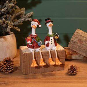 Mr and Mrs Christmas resin ducks shelf sitters dressed in festive outfits with lantern, gift and dangling legs