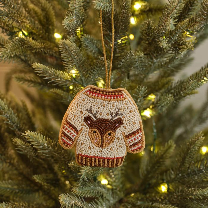 Hand beaded fabric reindeer wearing a festive jumper Christmas tree hanger