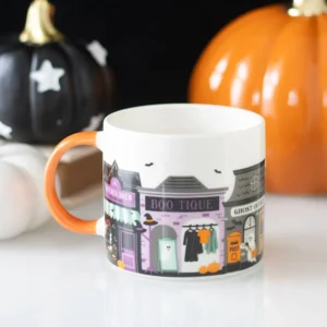 Spooky Street Halloween mug with Boo-tique, Ghost Office and Witches’ Brew design
