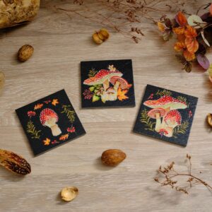 Toadstool Tales set of 3 slate coasters with woodland animals and red white toadstools