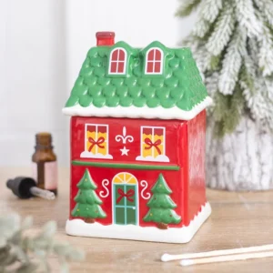 Red ceramic Christmas house oil burner with removable roof lid