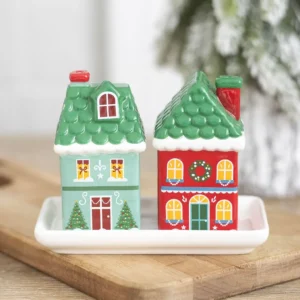 Set of two ceramic Christmas house salt and pepper shakers for festive table decor
