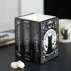 Black Cat Book of Spells oil burner and wax warmer with stacked spell books