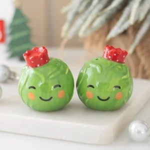 Ceramic Brussels sprout salt and pepper shakers with festive red crowns