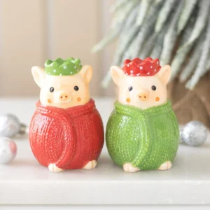 Ceramic Pigs in Blankets salt and pepper shakers with red and green festive designs