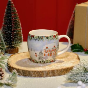 Christmas cottage scene stoneware mug with snowy house, trees, snowman and holly berry rim