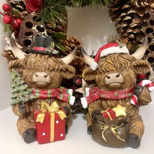 Christmas Highland Cows with Sack Of Gifts and Christmas Tree