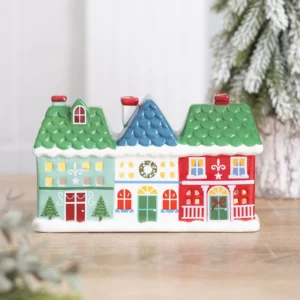 Christmas Street ceramic tealight and incense cone holder featuring a charming trio of festive houses. Perfect for cosy Christmas décor and home fragrance displays.