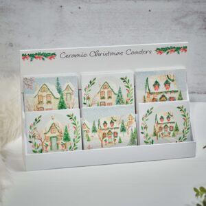 Set of 6 Holly Cottage ceramic Christmas coasters with raised 3D winter cottage scene detail