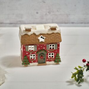 Holly Cottage stoneware house Christmas wax melt burner with traditional festive cottage design