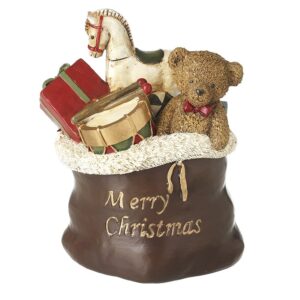 Merry Christmas sack ornament with teddy bear, rocking horse, presents and toy drum