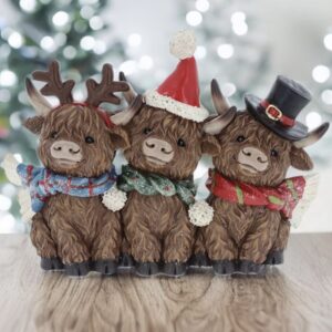 Merry Xmas Coos Trio Small Christmas Highland Cow ornaments with festive hats and scarves