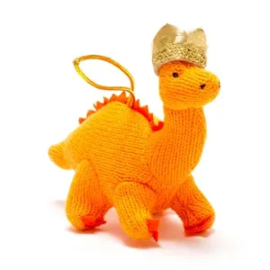 Orange knitted Dippy the Duchess diplodocus dinosaur decoration with golden crown