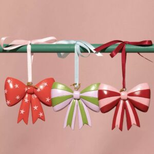Raspberry Blossom set of 3 hand-painted resin bow Christmas baubles