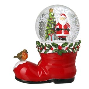 Red Snow Boot Snow Globe with Santa, Christmas Tree, Presents and Robin