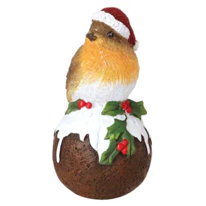 Resin robin on Christmas pudding ornament wearing a Santa hat with holly details
