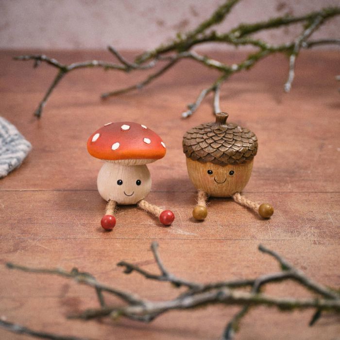 Toadstool Tales wooden mushroom and acorn shelf sitters set of 2 with painted faces