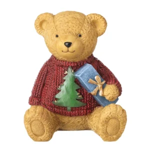 Resin sitting bear Christmas ornament wearing a red jumper and holding a blue gift