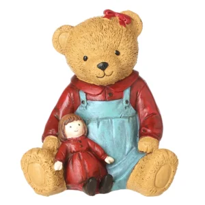 Resin sitting girl bear Christmas ornament in a dress with red bow holding a doll