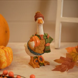 Autumn dressed duck with pumpkin resin ornament